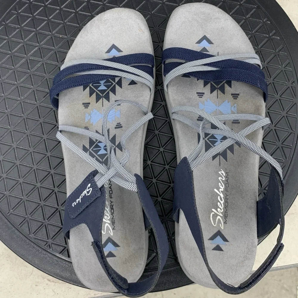 Skechers Reggae Sandals Women Size 11 Shoes‎ Blue Gray Stretch Flip Flops Adjust